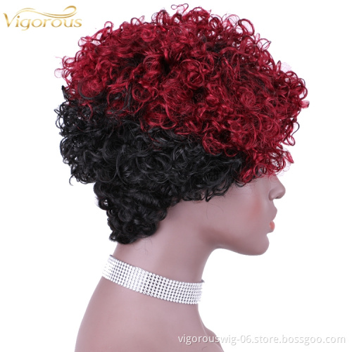 Vigorous Top Quality Ombre Black Roots To Red Afro Kinky Curly Wigs for Black Women Short Side Part Human Hair Wholesale Price